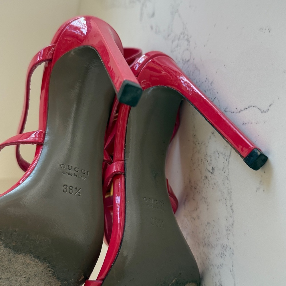 Gucci Ursula Horsebit Ankle Strap Heels Red Patent Leather Size 36.5 - Picture 10 of 17